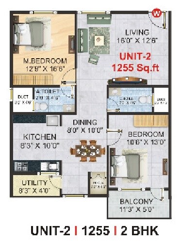 Floor plan of 2 BHK 1255 Sq. Ft. Apartment in V6 Golden Nest, Bangalore