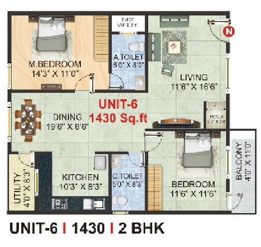 Floor plan of 2 BHK 1430 Sq. Ft. Apartment in V6 Golden Nest, Bangalore