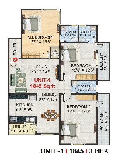 Floor plan of 3 BHK 1845 Sq. Ft. Apartment in V6 Golden Nest, Bangalore