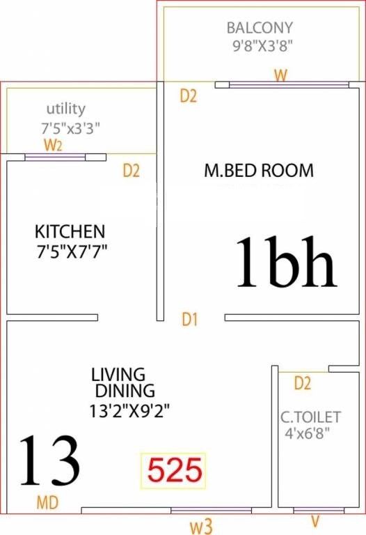 Floor plan of 1 BHK 525 Sq. Ft. Apartment in Vaastu Greens, Bangalore