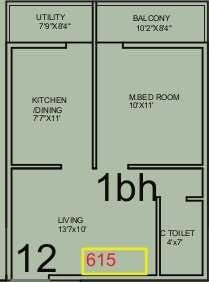 Floor plan of 1 BHK 615 Sq. Ft. Apartment in Vaastu Greens, Bangalore