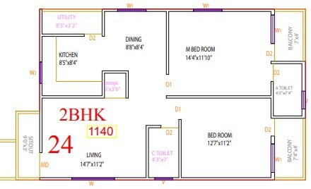 Floor plan of 2 BHK 1140 Sq. Ft. Apartment in Vaastu Greens, Bangalore