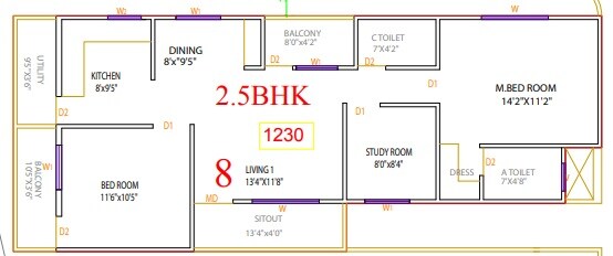 Floor plan of 2 BHK 1230 Sq. Ft. Apartment in Vaastu Greens, Bangalore