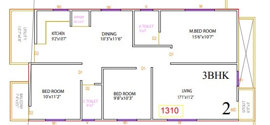 Floor plan of 3 BHK 1310 Sq. Ft. Apartment in Vaastu Greens, Bangalore