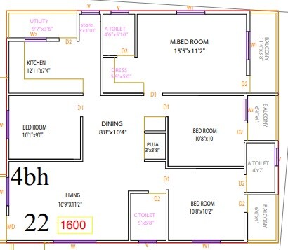 Floor plan of 4 BHK 1600 Sq. Ft. Apartment in Vaastu Greens, Bangalore