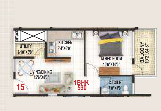 Floor plan of 1 BHK 590 Sq. Ft. Apartment in Vaastu Tranquil, Bangalore