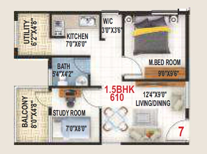 Floor plan of 1 BHK 610 Sq. Ft. Apartment in Vaastu Tranquil, Bangalore