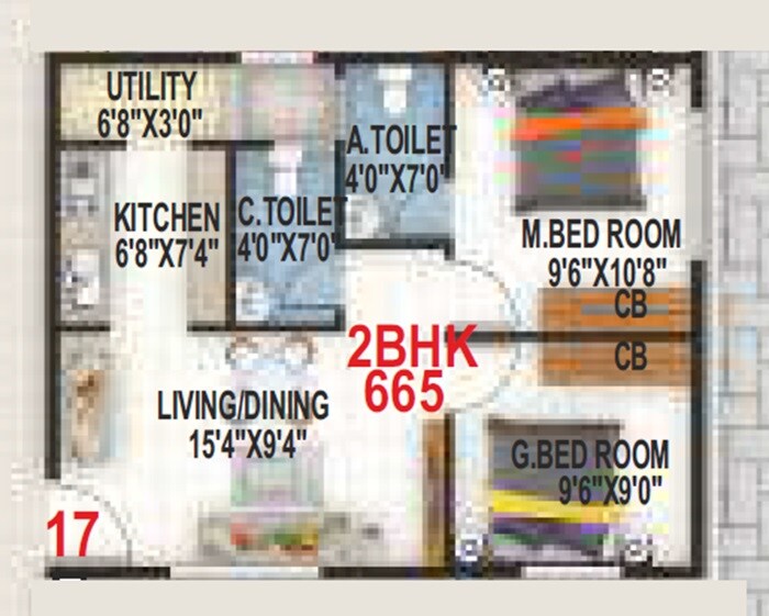 Floor plan of 2 BHK 665 Sq. Ft. Apartment in Vaastu Tranquil, Bangalore