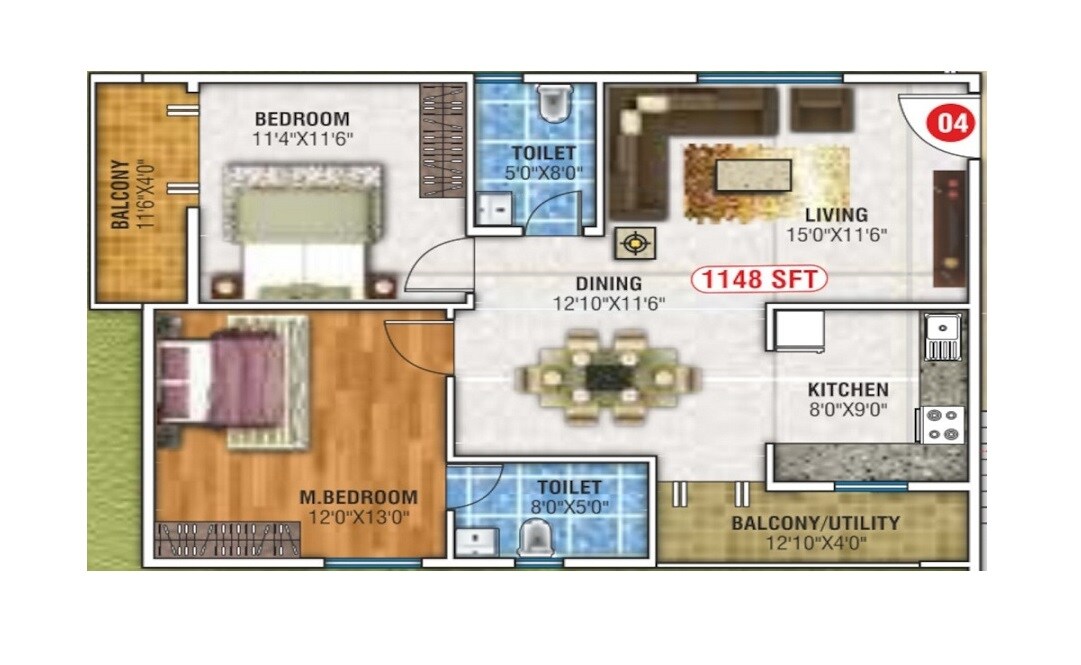 Floor plan of 2 BHK 1148 Sq. Ft. Apartment in Vaibhav Ocean Spray, Bangalore