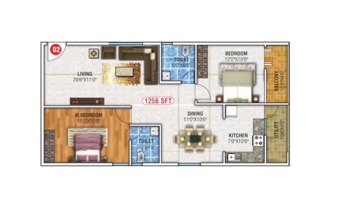 Floor plan of 2 BHK 1256 Sq. Ft. Apartment in Vaibhav Ocean Spray, Bangalore