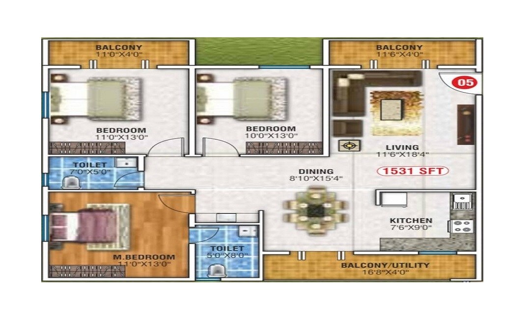 Floor plan of 3 BHK 1531 Sq. Ft. Apartment in Vaibhav Ocean Spray, Bangalore