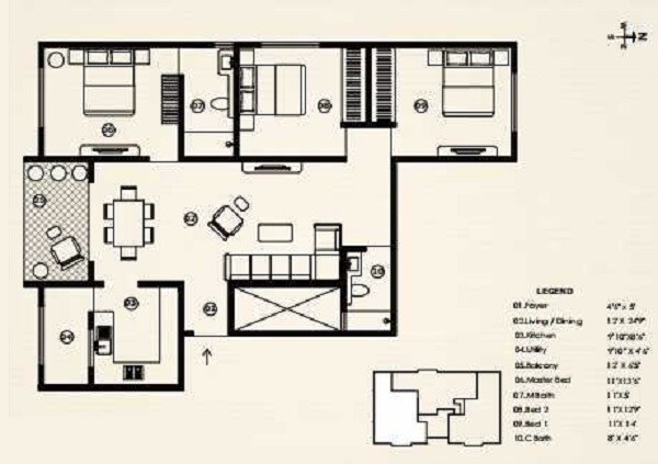 Floor plan of 3 BHK 1250 Sq. Ft. Apartment in Vaibhav Pride Basaveshwara Nagar, Bangalore