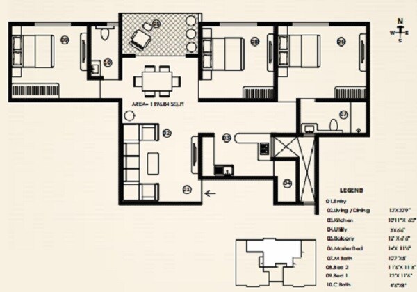 Floor plan of 3 BHK 1310 Sq. Ft. Apartment in Vaibhav Pride Basaveshwara Nagar, Bangalore