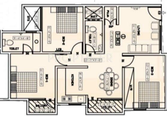 Floor plan of 3 BHK 1500 Sq. Ft. Apartment in Vaibhav Urbana, Bangalore
