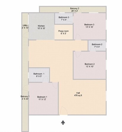 Floor plan of 3 BHK Apartment - 1515 sq. ft. in Vaidehi Residency, Bangalore