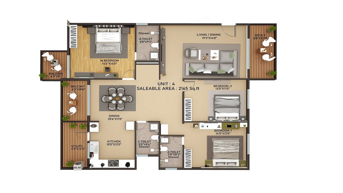 Floor plan of 3 BHK 2165 Sq. Ft. Apartment in Vainavi Celestium, Bangalore