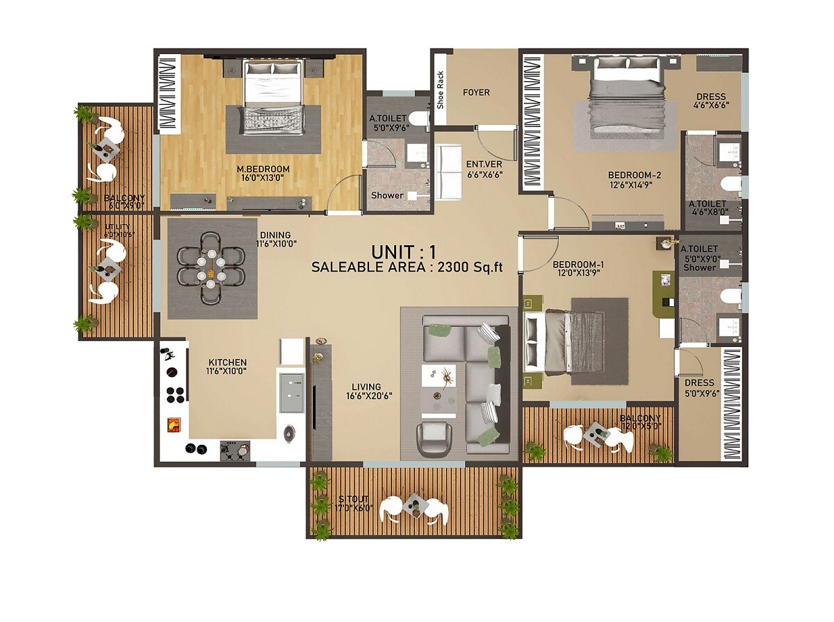 Floor plan of 3 BHK 2300 Sq. Ft. Apartment in Vainavi Celestium, Bangalore