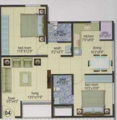 Floor plan of 2 BHK 1022 Sq. Ft. Apartment in Vainavi Nest, Bangalore