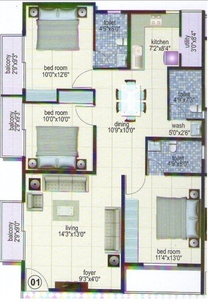 Floor plan of 3 BHK 1507 Sq. Ft. Apartment in Vainavi Nest, Bangalore