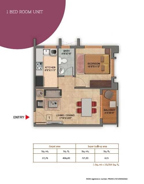 Floor plan of 1 BHK 610 Sq. Ft. Apartment in Vaishnavi Gardenia, Bangalore