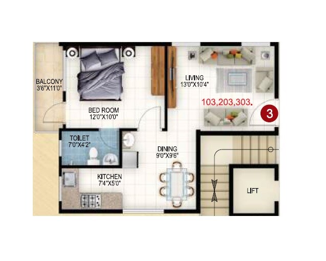 Floor plan of 1 BHK 605 Sq. Ft. Apartment in Vaishnavi Grandeur, Bangalore