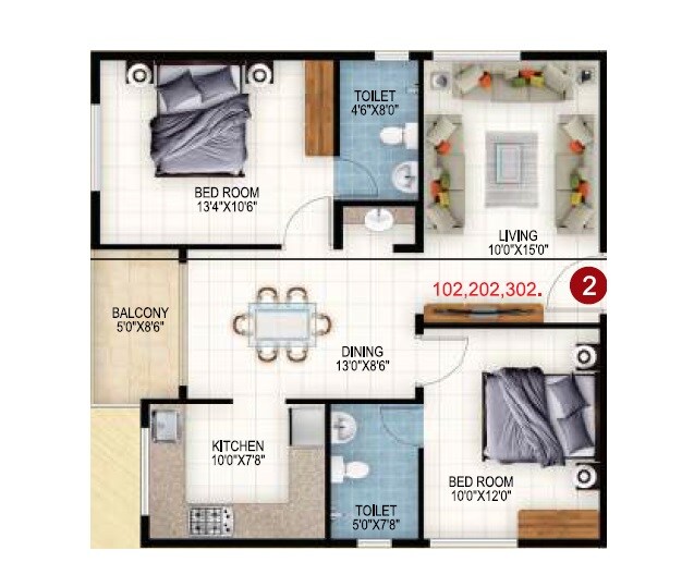 Floor plan of 2 BHK 1050 Sq. Ft. Apartment in Vaishnavi Grandeur, Bangalore