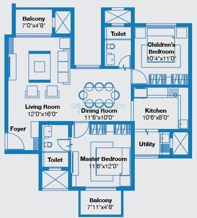 Floor plan of 2 BHK 1195 Sq. Ft. Apartment in Vaishnavi Nakshatra, Bangalore