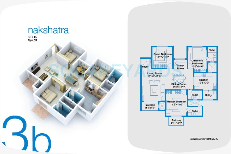 Floor plan of 3 BHK 1699 Sq. Ft. Apartment in Vaishnavi Nakshatra, Bangalore