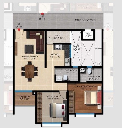 Floor plan of 2 BHK 1100 Sq. Ft. Apartment in Vaishnavi Oasis, Bangalore