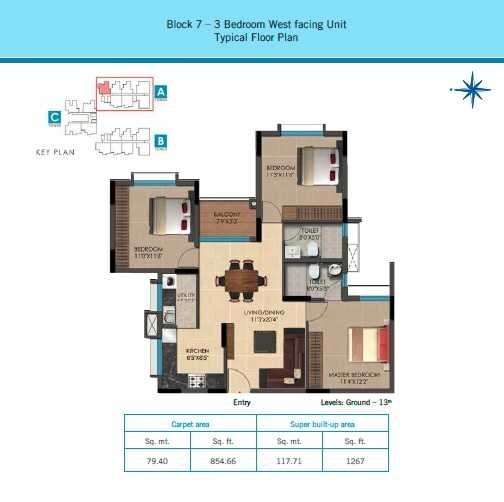 Floor plan of 2 BHK 1267 Sq. Ft. Apartment in Vaishnavi Oasis, Bangalore