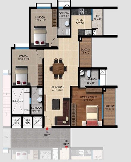 Floor plan of 3 BHK 1500 Sq. Ft. Apartment in Vaishnavi Oasis, Bangalore