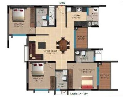 Floor plan of 3 BHK 1531 Sq. Ft. Apartment in Vaishnavi Oasis, Bangalore