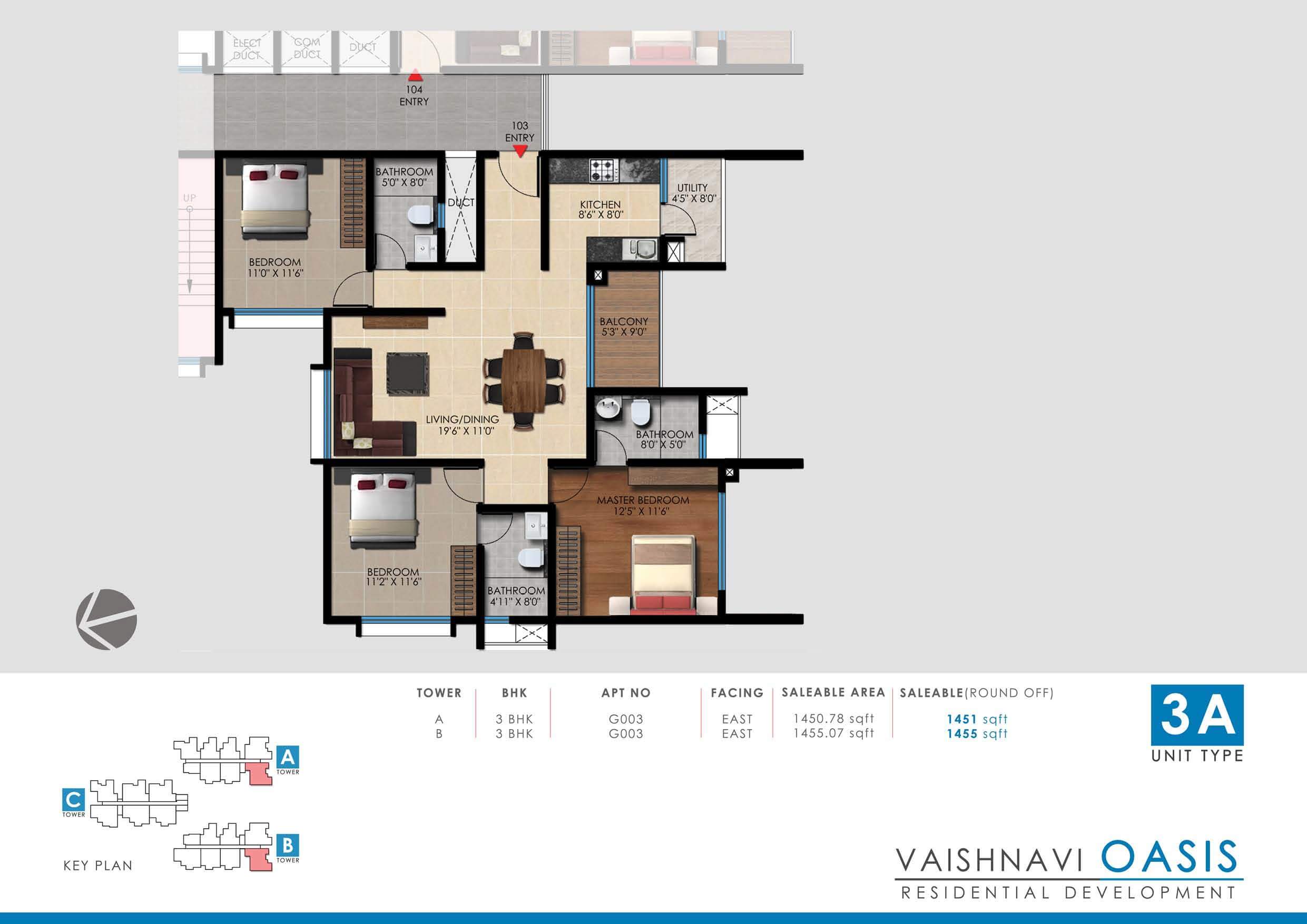 Floor plan of 3 BHK 1455 Sq. Ft. Apartment in Vaishnavi Oasis, Bangalore