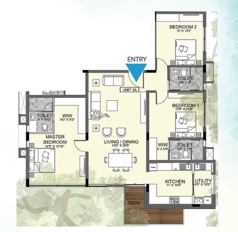 Floor plan of 3 BHK 2011 Sq. Ft. Apartment in Vaishnavi Rhapsody, Bangalore