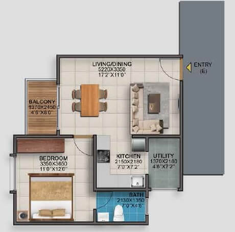 Floor plan of 1 BHK 635 Sq. Ft. Apartment in Vaishnavi Serene, Bangalore