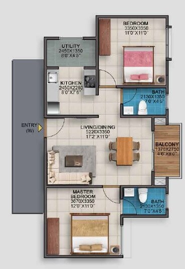 Floor plan of 2 BHK 940 Sq. Ft. Apartment in Vaishnavi Serene, Bangalore