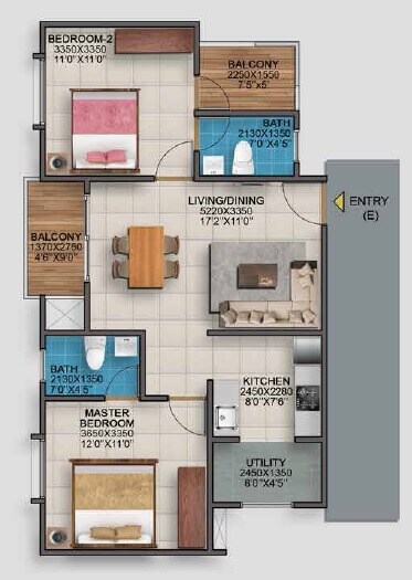 Floor plan of 2 BHK 900 Sq. Ft. Apartment in Vaishnavi Serene, Bangalore