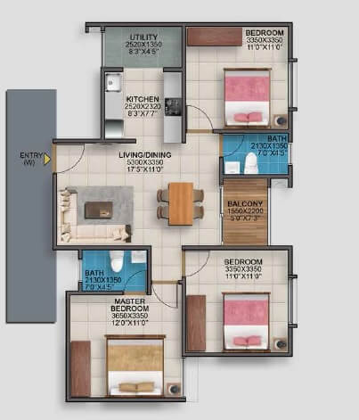 Floor plan of 3 BHK 1060 Sq. Ft. Apartment in Vaishnavi Serene, Bangalore