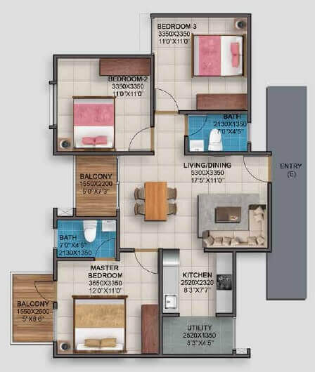 Floor plan of 3 BHK 1118 Sq. Ft. Apartment in Vaishnavi Serene, Bangalore