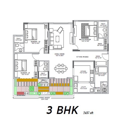 Floor plan of 3 BHK 2437 Sq. Ft. Apartment in Vaishnavi Terraces, Bangalore