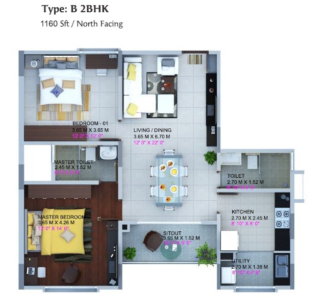 Floor plan of 2 BHK 1160 Sq. Ft. Apartment in Vaishnavi North 24, Bangalore