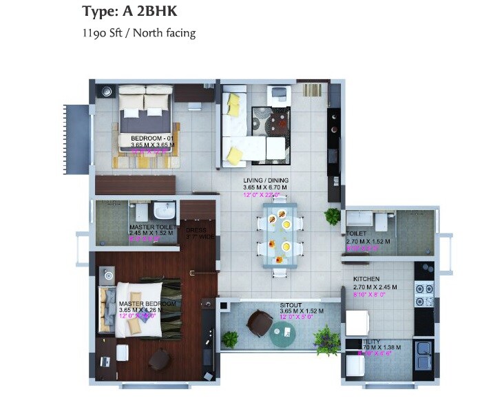 Floor plan of 2 BHK 1190 Sq. Ft. Apartment in Vaishnavi North 24, Bangalore