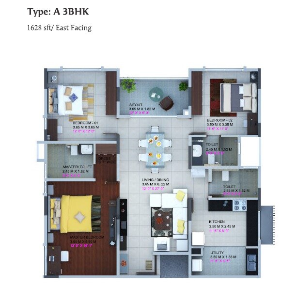Floor plan of 3 BHK 1628 Sq. Ft. Apartment in Vaishnavi North 24, Bangalore