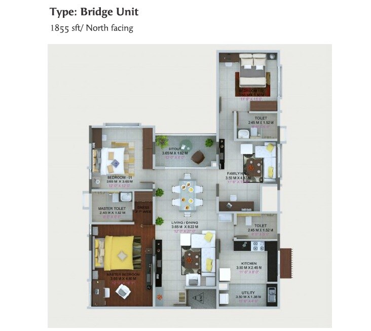 Floor plan of 3 BHK 1855 Sq. Ft. Apartment in Vaishnavi North 24, Bangalore