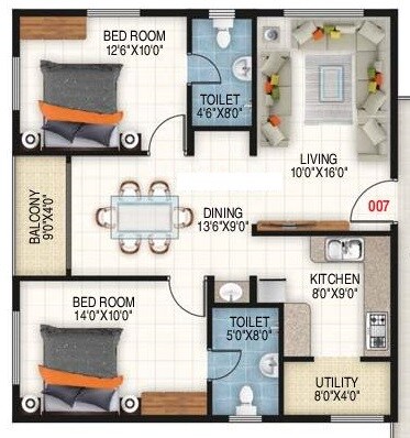 Floor plan of 2 BHK 1020 Sq. Ft. Apartment in Vaishnavi Vrishab, Bangalore