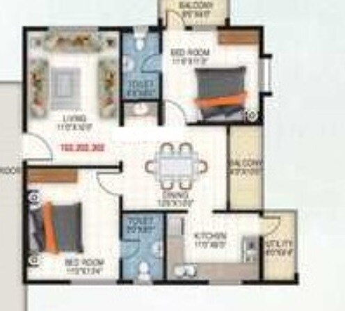 Floor plan of 2 BHK 1115 Sq. Ft. Apartment in Vaishnavi Vrishab, Bangalore