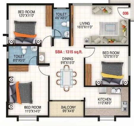 Floor plan of 3 BHK 1315 Sq. Ft. Apartment in Vaishnavi Vrishab, Bangalore