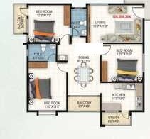 Floor plan of 3 BHK 1400 Sq. Ft. Apartment in Vaishnavi Vrishab, Bangalore