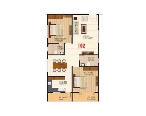 Floor plan of 3 BHK 1350 Sq. Ft. Apartment in Vaishno Ambaram, Bangalore