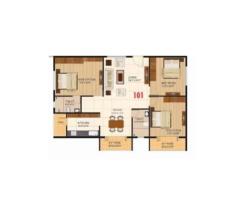 Floor plan of 3 BHK 1560 Sq. Ft. Apartment in Vaishno Ambaram, Bangalore
